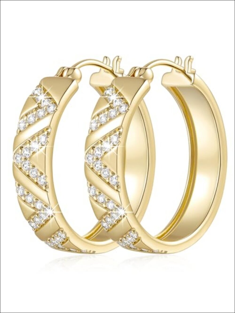 14k Gold Hoop Earrings Women V-Shaped Cubic Zirconia 25mm